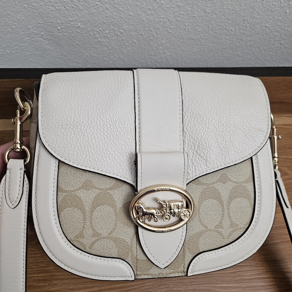 Coach White and Tan Shoulder Bag with Signature Monogram